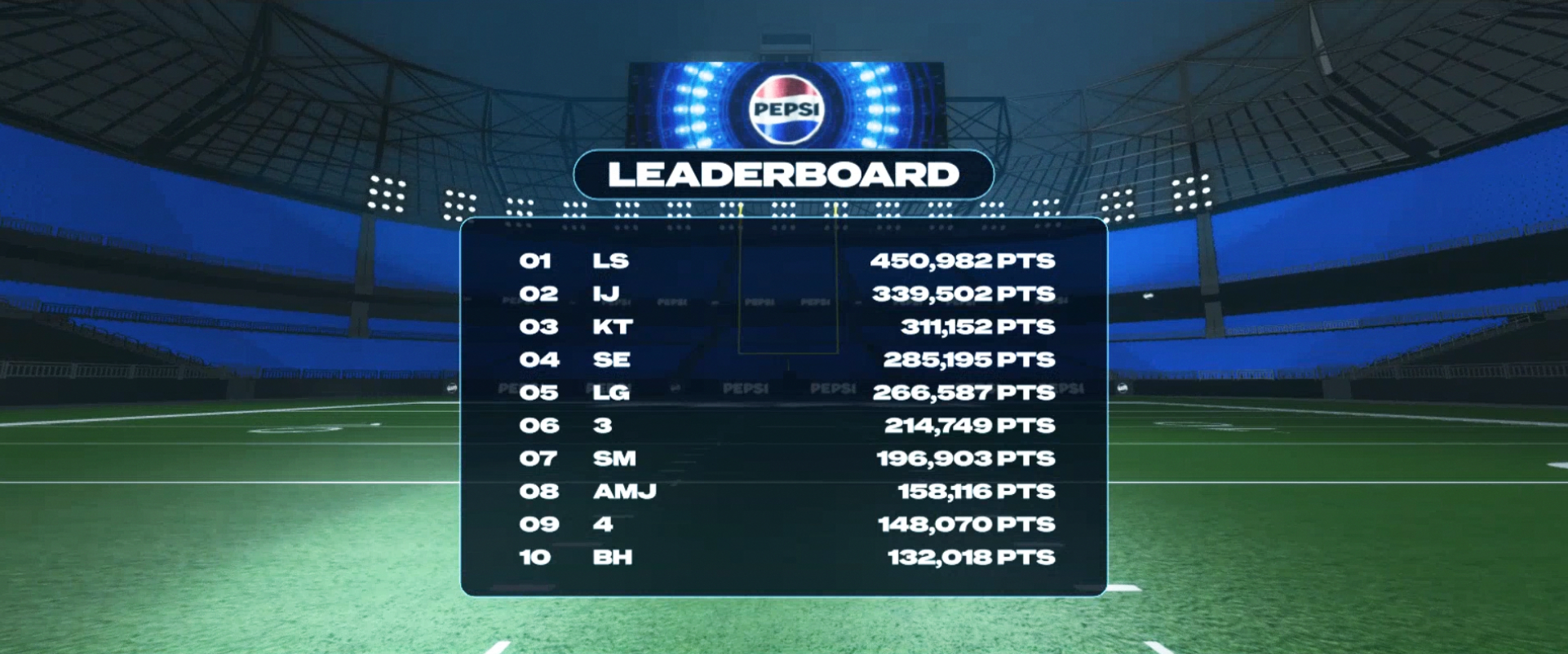 Pepsi Interactive game installation at Super Bowl LX game design, leaderboard, created in TouchDesigner